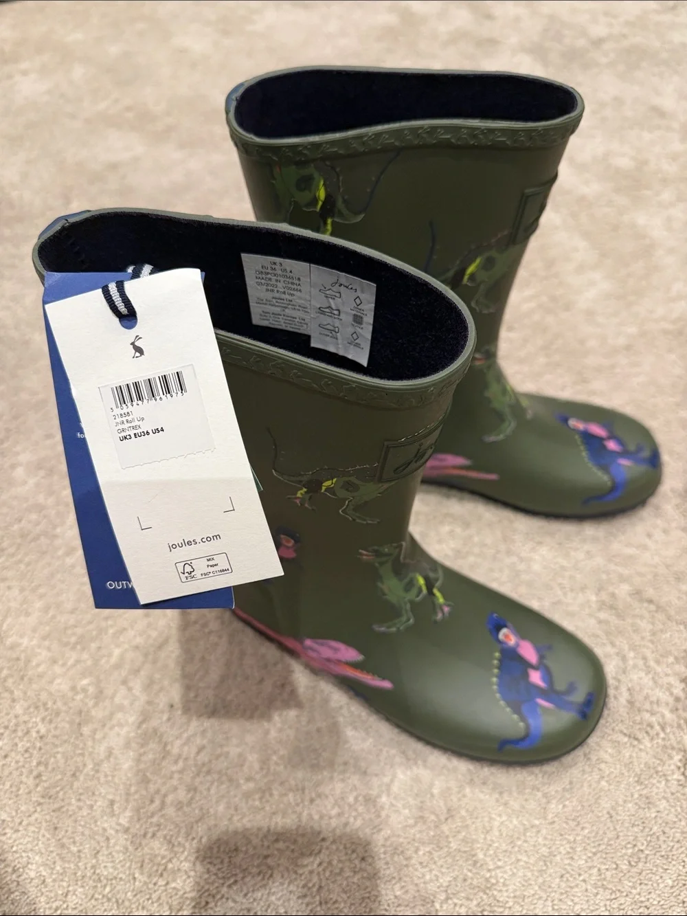 Joules Olive Green Kids' Rain Boots with Colorful Dino Accents